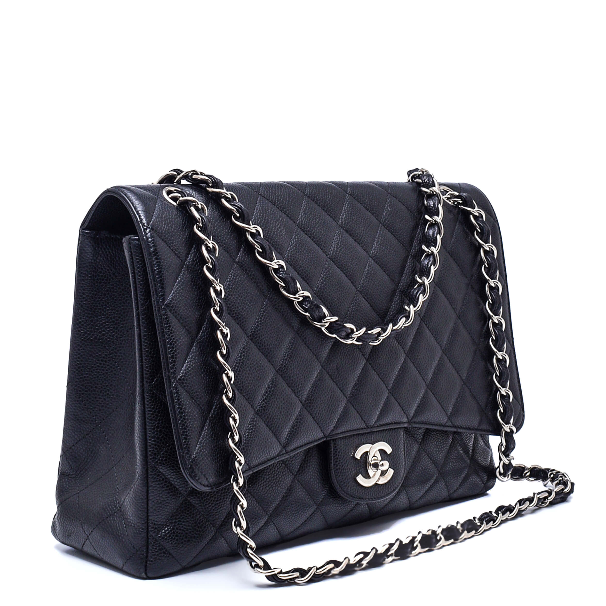 Chanel - Black Quilted Caviar Leather Maxi Single Flap Bag